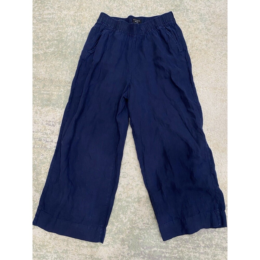 Tahari 100% Linen Pants Size L Wide Leg Crop Beach Resort Lagenlook Coastal
